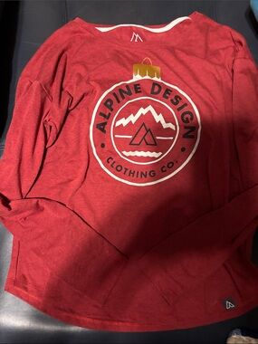 Alpine Design Red Long Sleeve Tee with White and Gold Logo Ornament